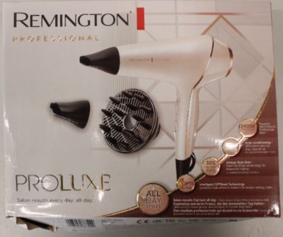 Remington AC9140 ProLuxe Hair Dryer, White/Gold/Black, Remington Hair dryer, ProLuxe AC9140, 2400 W, Number of temperature settings 3, Ionic function, Diffuser nozzle, White/Gold/Black, DAMAGED PACKAGING, Warranty 24 month(s)