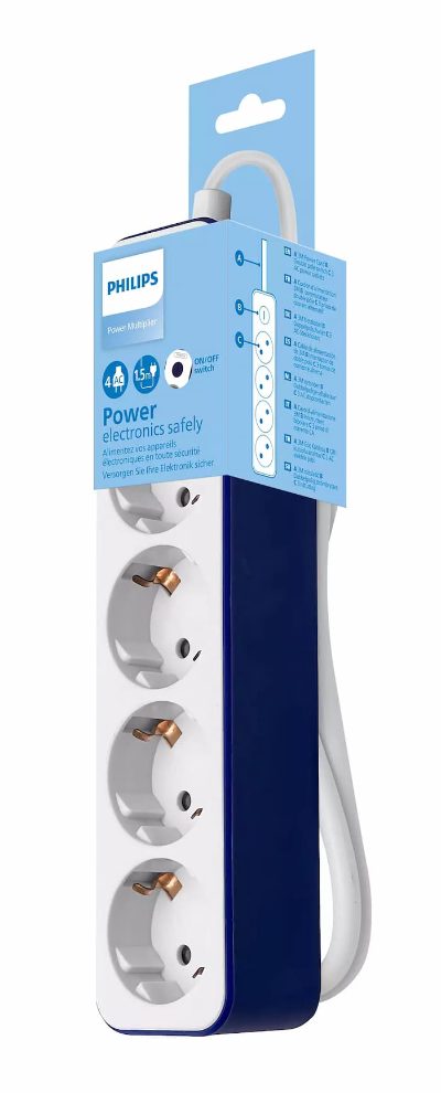 PHILIPS pagarinātājs, 4 ligzdas, balts ar zilu