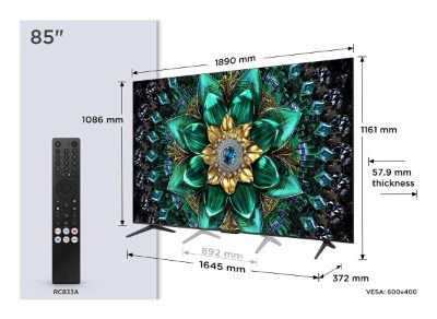 TV Set, TCL, 85 ", 4K Ultra HD, 3840 x 2160 pixels, Flat, 16:9, QD-Mini LED, 85Q6C