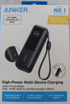 Anker Zolo Powerbank, A1695H11, 25000 mAh, Built-In USB-C and Retractable Cable), Grey, UNPACKED, SCRATCHED ON SCREEN, MISSING INNER PACKAGING