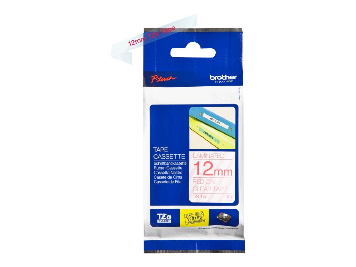 TZe-132 Laminated Tape, Red on Clear, TZe, 8 m, 1.2 cm