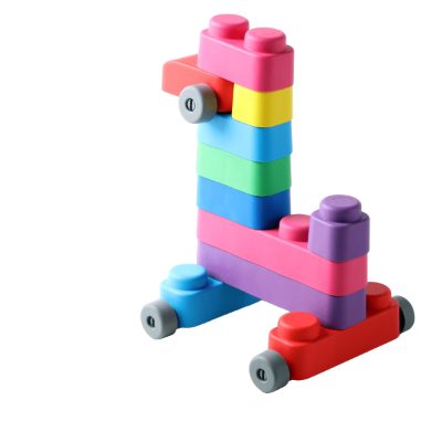 Gerardo's Toys mīksto klucīšu komplekts ar riepām, 14 gab. (10 gab. + 4 riepu detaļas)